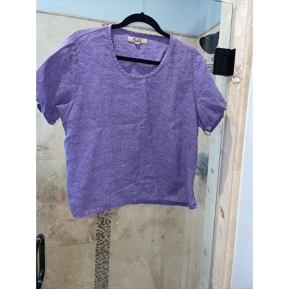 FLAX Lilac Linen Blouse Short Sleeve Purple Boxy Top Small